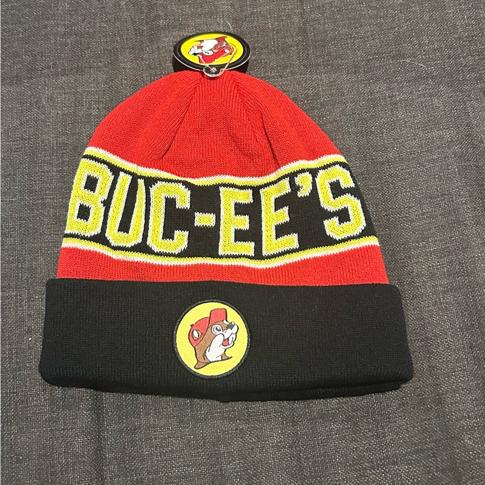 Buc-ees Adult Knit Beanie Hat Red Black Logo Winter Cuffed Toque NWT